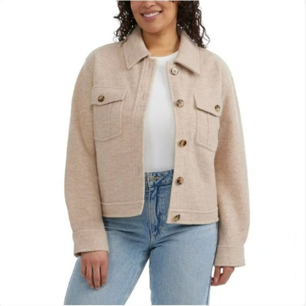 NWT Hunter Women's Merino Wool Shirt Jacket Shacket Beige Oatmeal Button M